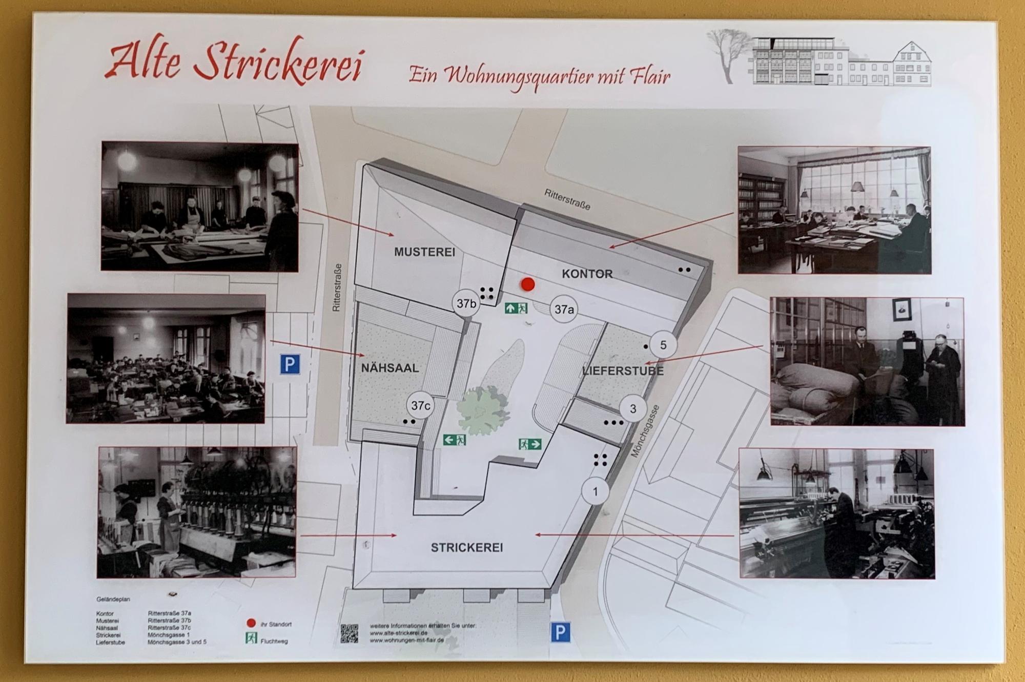 Lageplan der Wohnanlage "Alte Strickerei" mit Bennennung der Arbeitsgebiete